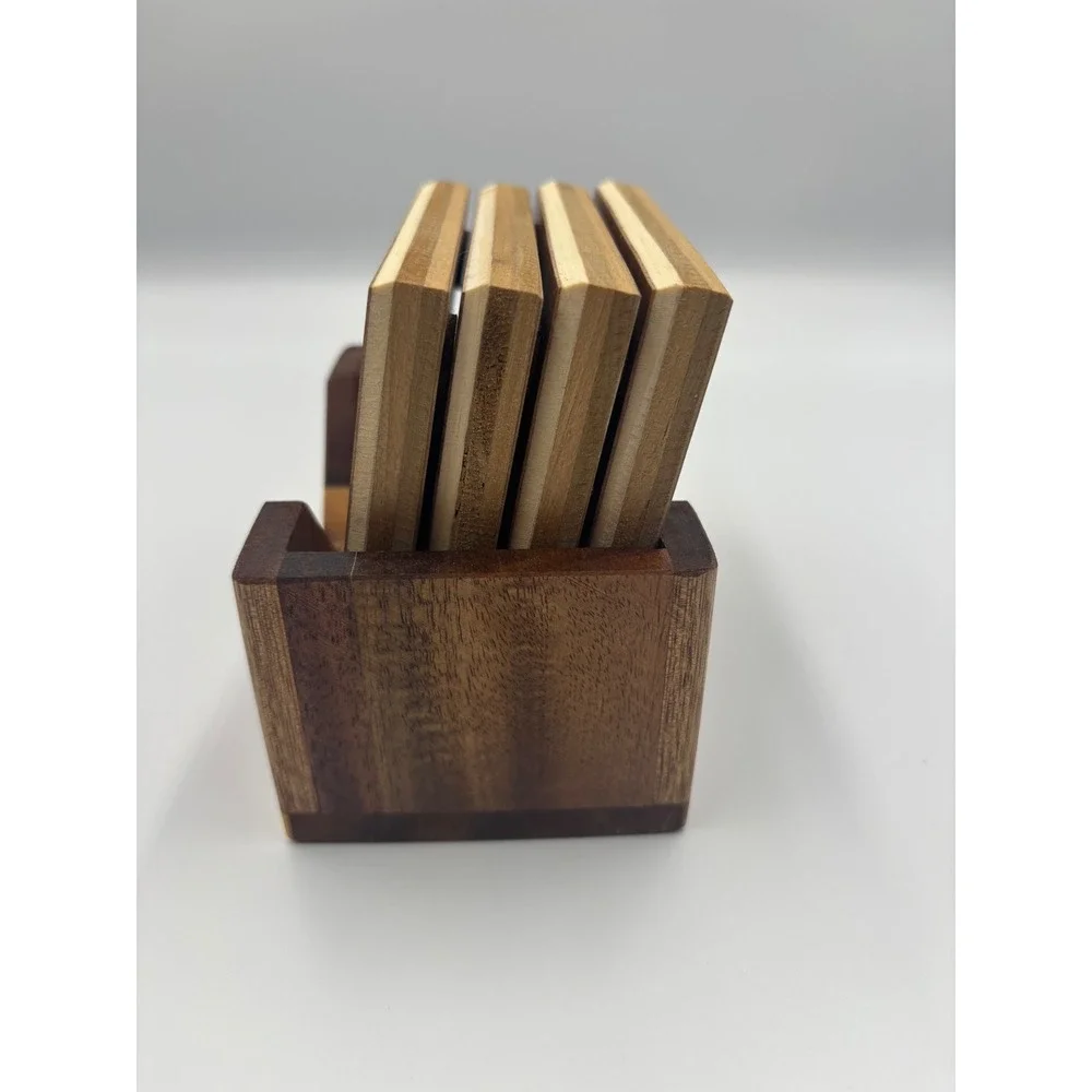 Live Laugh Love Wooden Coaster Set with Holder 4 Piece Heart Engraved Brown Wood